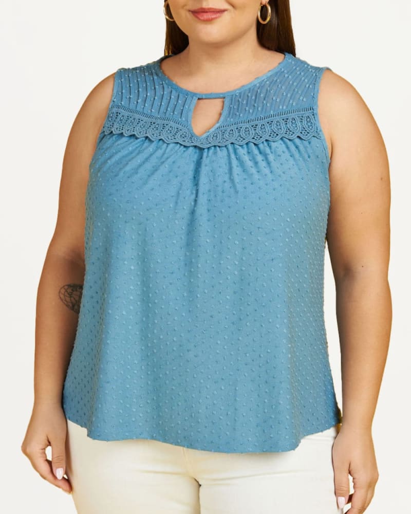 Front of a model wearing a size 2X Layla Knit Tank Top with Lace in L180 BLUE HEAVEN by Daniel Rainn. | dia_product_style_image_id:310143